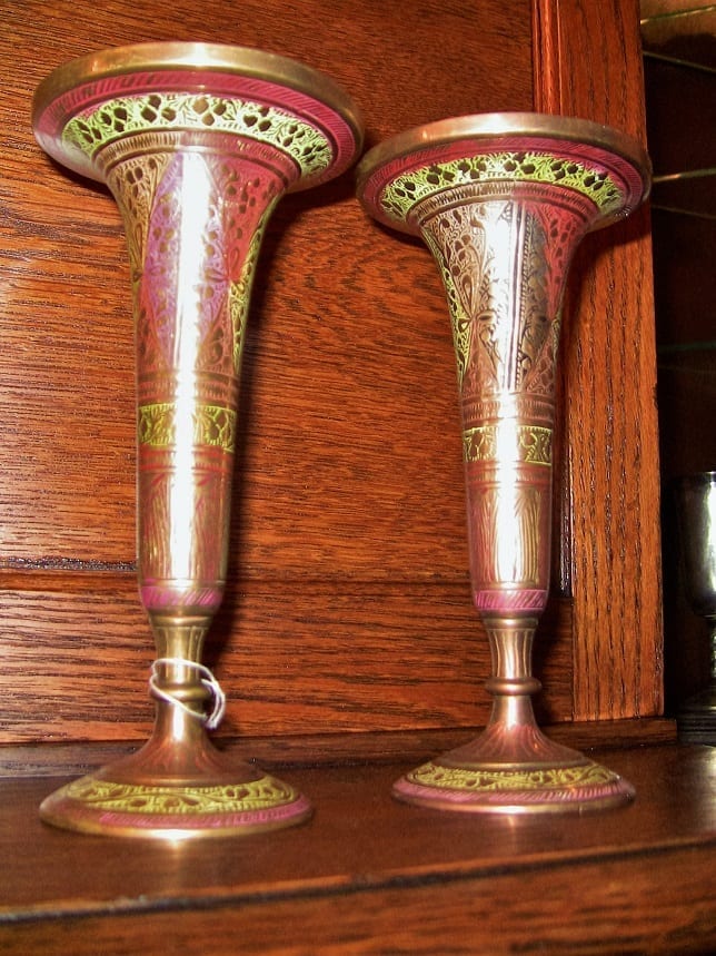 20C Pair of Indian Brass and Cold painted Rose Vases (2)
