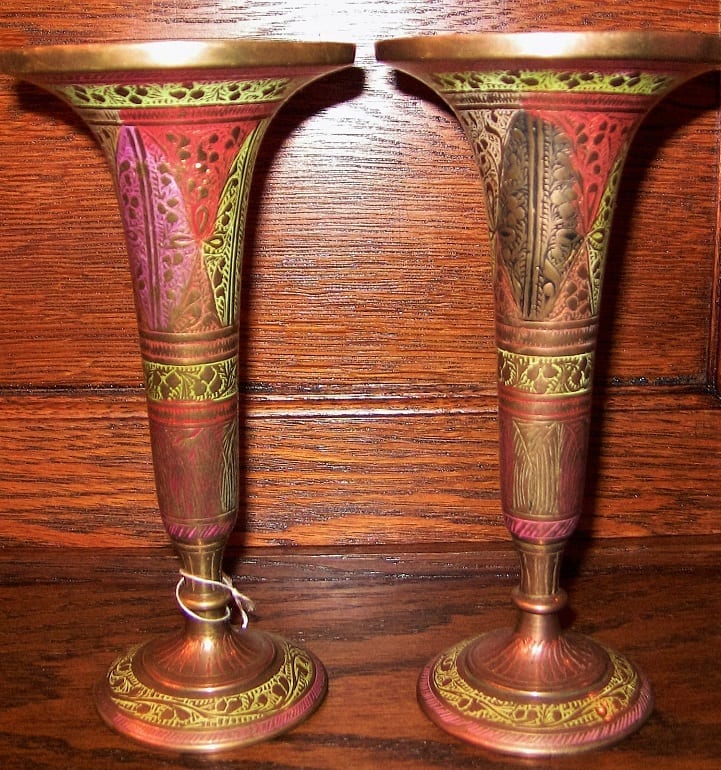 20C Pair of Indian Brass and Cold painted Rose Vases (3)