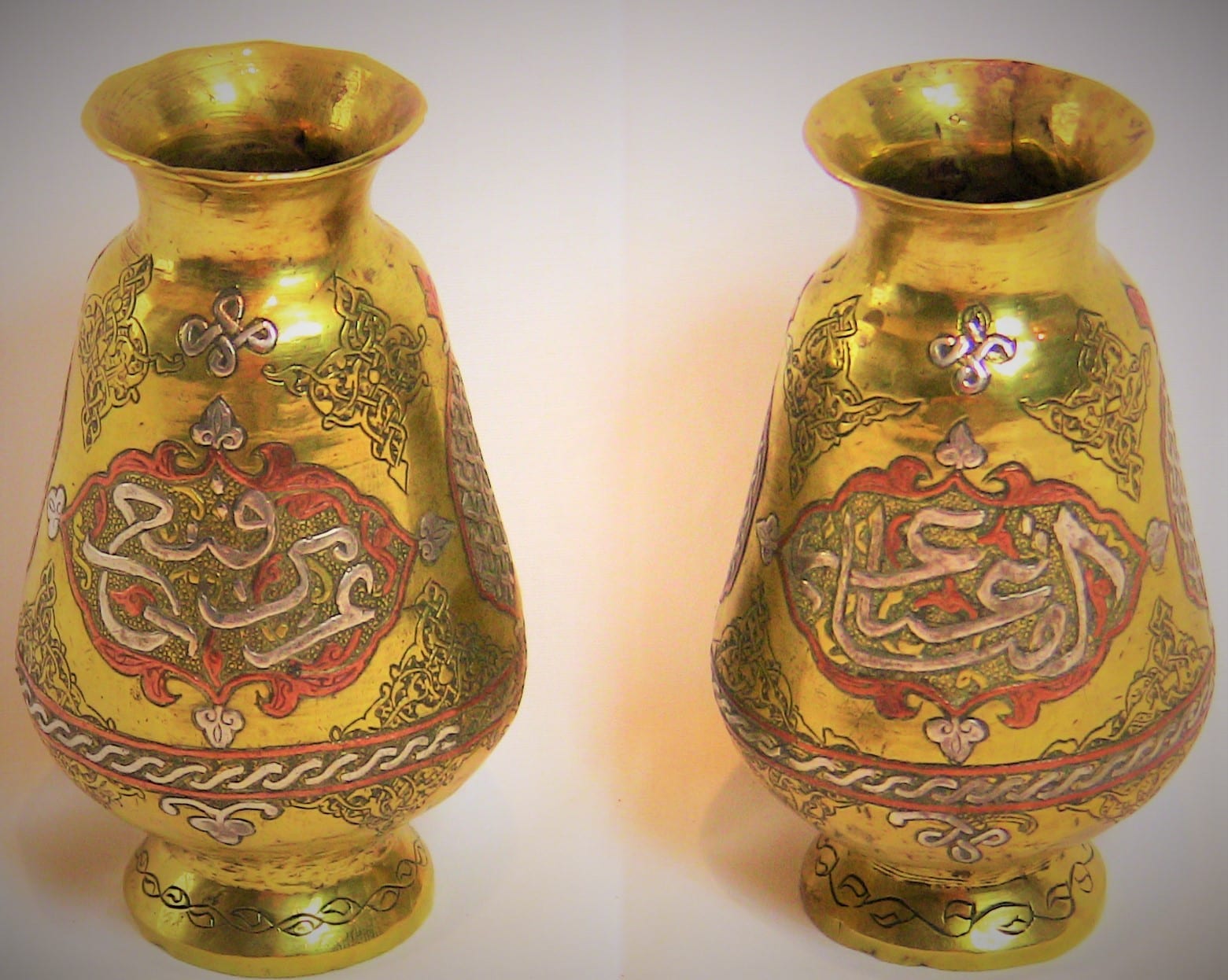 Pair of 18C Damascene Brass Vases inlaid with Copper and Silver