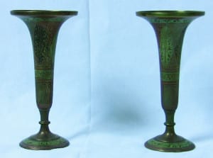 Pair of Indian Brass and Painted Rose Vases