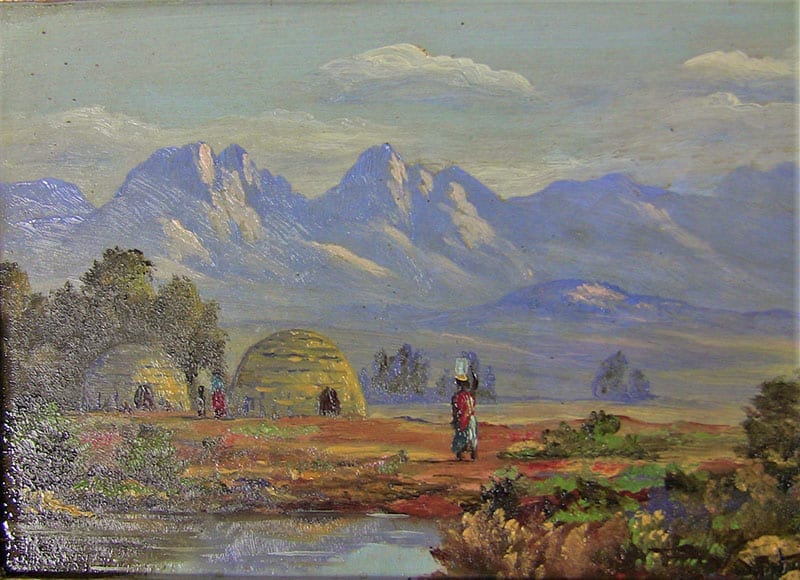 South African Oil on Board - Percy Wort - Bergville, Natal Scene Village 2