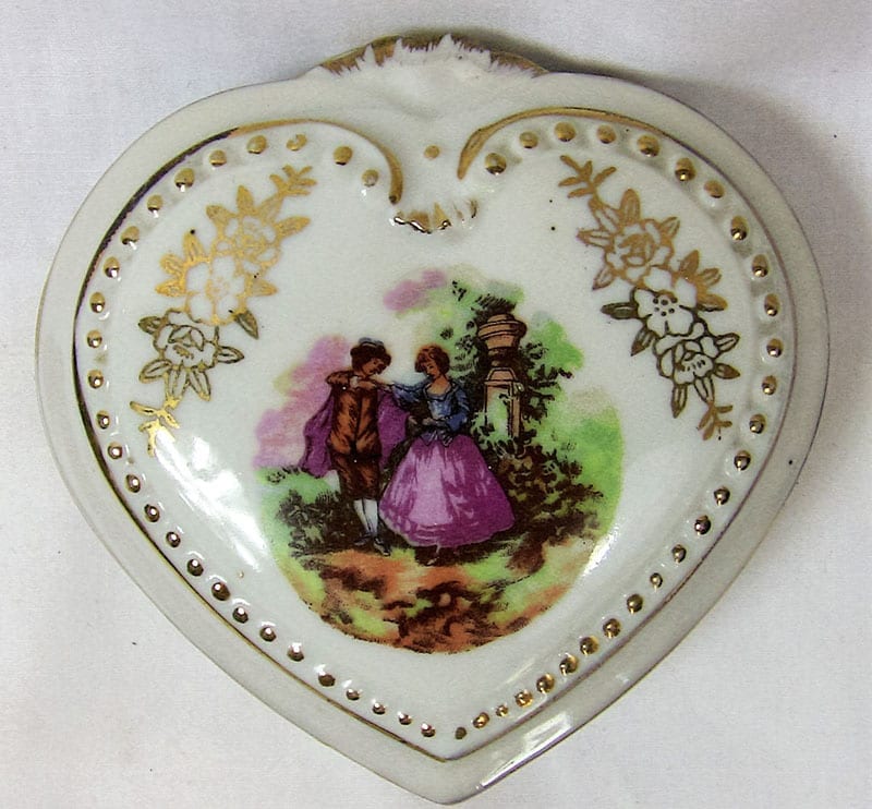 Vintage French Limoges Style Heart Shaped Porcelain Box with Lid