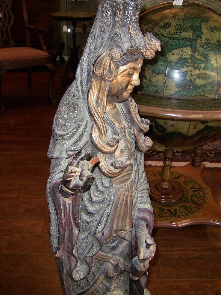 19C Asian Wooden Carved, Painted & Gilded Guanyin Statue