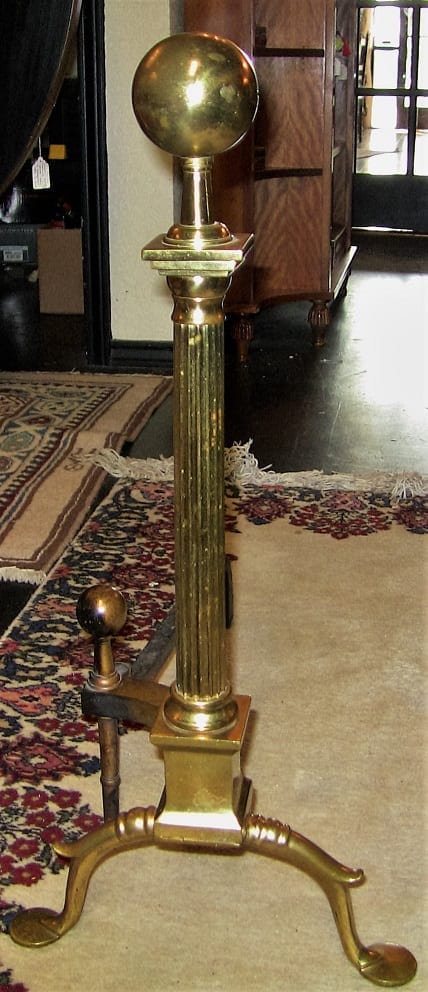 pair-of-19c-philadelphia-brass-and-irons-with-roman-columns-and-ball-finials-3
