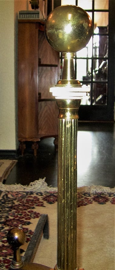Pair of 19C Philadelphia Brass Andirons with Roman Columns and Ball Finials