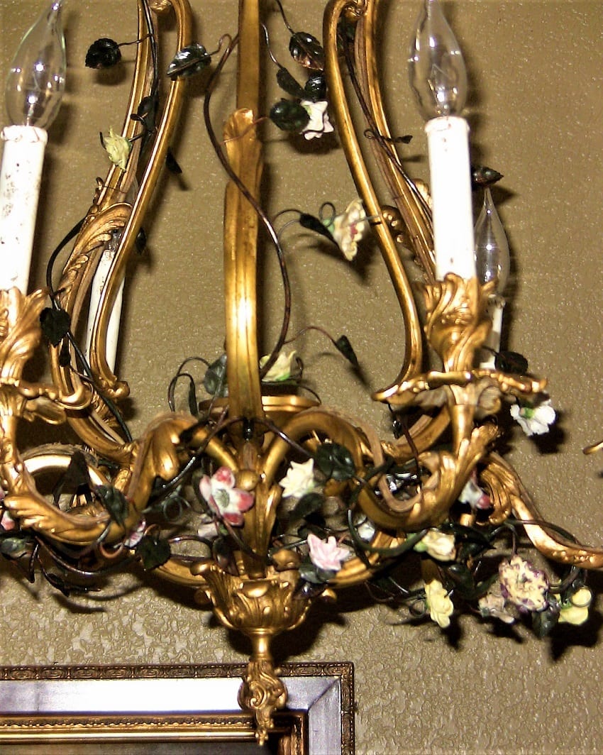 19C French Gilt Bronze Chandelier with Porcelain Flowers