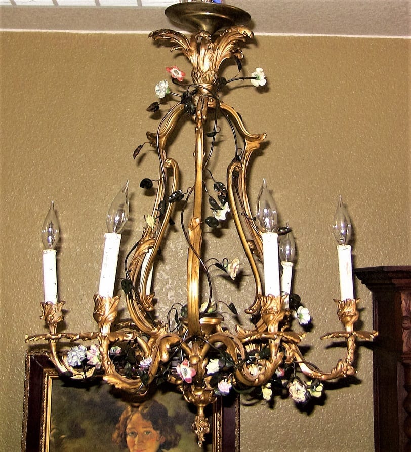 19C French Gilt Bronze Chandelier with Porcelain Flowers