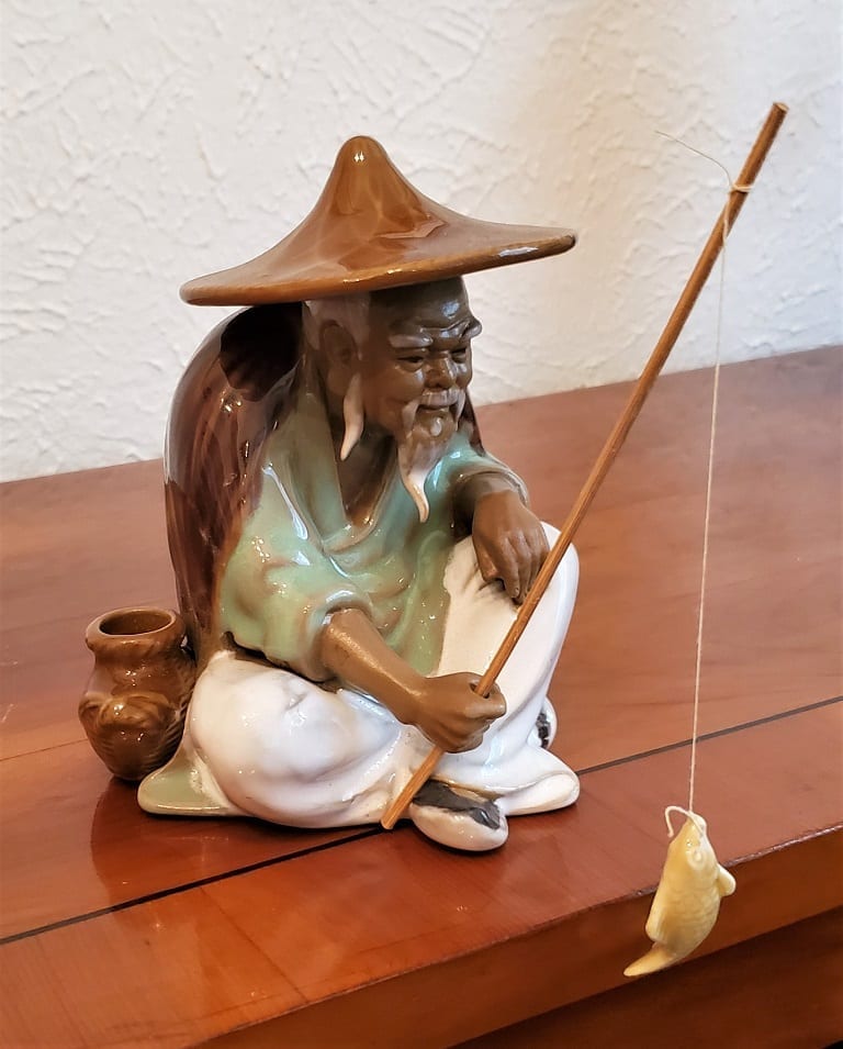 Vintage Shiwan Mudman Chinese Pottery Figurine Statue Seated Man Fishing. 